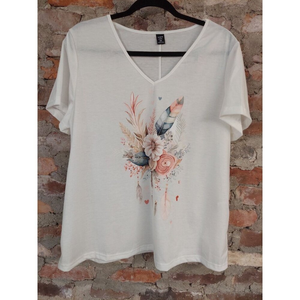 SHEIN size 1XL White Short Sleeve V-Neck Tee with Floral & Feather Print